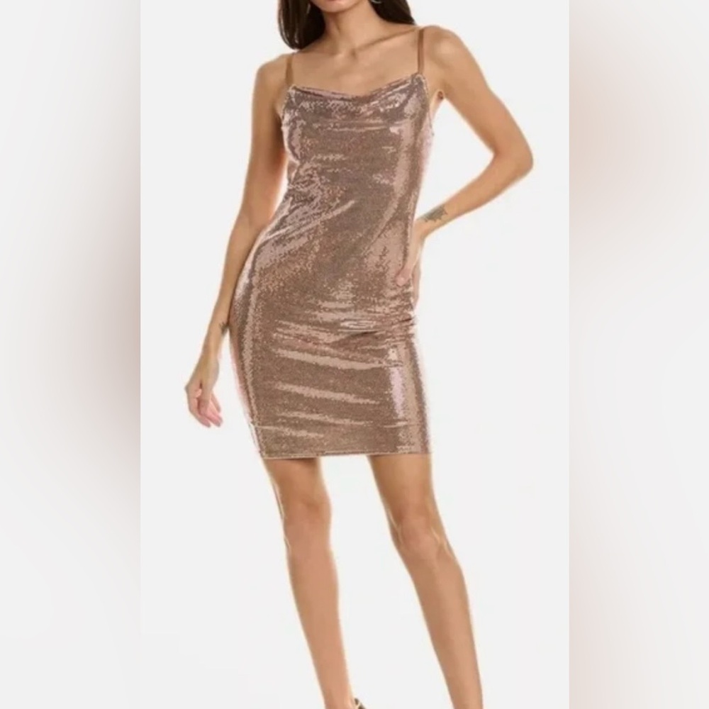 NWT BEBE SZ XS ROSE GOLD Cowl Neck Metallic Sequin Mini Dress